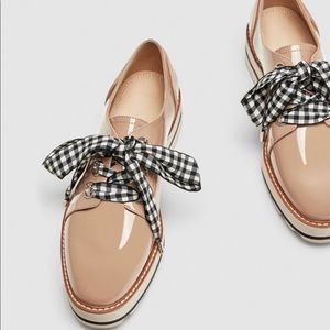 Zara Nude Faux Patent Leather Gingham Derby Shoes